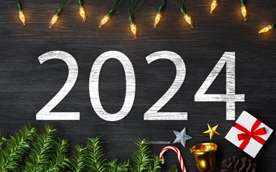 2024 سنة جديدة سعيدة, 4k, المصابيح الكهربائية, 2024 أرقام بيضاء, علب هدايا, 2024 سنة, العمل الفني, 2024 مفاهيم, 2024 أرقام 3d, عام جديد سعيد 2024, مبدع, 2024 خلفية خشبية