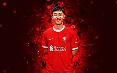 Wataru Endo, 4k, Liverpool FC, red neon lights, japanese footballers, Wataru Endo 4K, soccer, Premier League, football, Wataru Endo Liverpool
