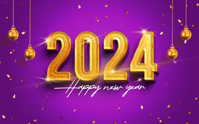 4k, 2024 feliz ano novo, dígitos 3d dourados, 2024 antecedentes violeta, 2024 conceitos, bolas de natal douradas, 2024 dígitos de ouro, decorações de natal, feliz ano novo 2024, criativo, 2024 anos
