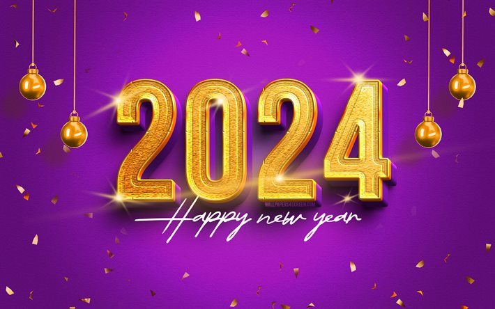 4k, 2024年明けましておめでとうございます, ゴールデン3d桁, 2024バイオレットの背景, 2024概念, ゴールデンクリスマスボール, 2024黄金桁, クリスマスの装飾, 明けましておめでとう2024, クリエイティブ, 2024年