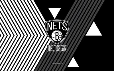 브루클린 네트 로고, 4k, 미국 농구 팀, 검은 흰색 선 배경, 브루클린 네트, nba, 미국, 라인 아트, 브루클린 네트 엠블럼, 농구