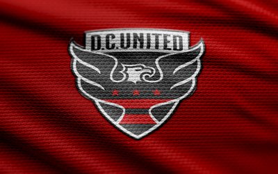 logotipo de dc united fabric, 4k, fondo de tela roja, mls, bokeh, fútbol, logotipo de dc united, fútbol americano, dc united emblem, dc united, american soccer club, dc united fc