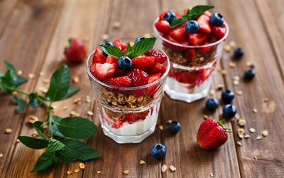 yogurt with strawberries and muesli, dairy products, yogurt, strawberries, yogurt with berries, yogurt in a glass