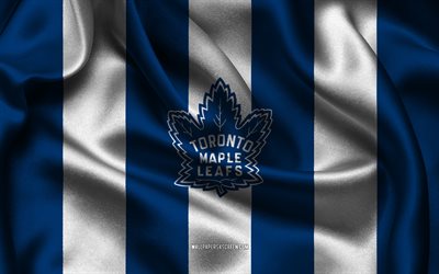 4k, Toronto Maple Leafs logo, blue white silk fabric, Canadian hockey team, Toronto Maple Leafs emblem, NHL, Toronto Maple Leafs, Canada, USA, hockey, Toronto Maple Leafs flag