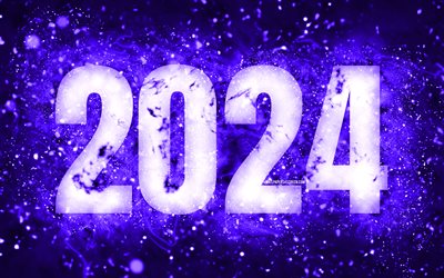 4k, felice anno nuovo 2024, luci al neon blu scuro, 2024 concetti, 2024 felice anno nuovo, arte al neon, creativo, 2024 sfondo blu scuro, 2024 anni, 2024 cifre blu scuro