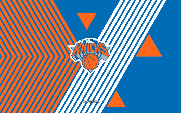 new york knicks  logotyp, 4k, amerikansk basketlag, orange blå linjer bakgrund, new york knicks, nba, usa, linjekonst, new york knicks emblem, basketboll