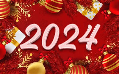 4k, 2024 Happy New Year, red xmas decorations, 2024 white digits, gift boxes, 2024 year, artwork, 2024 concepts, 2024 3D digits, Happy New Year 2024, creative, 2024 red background
