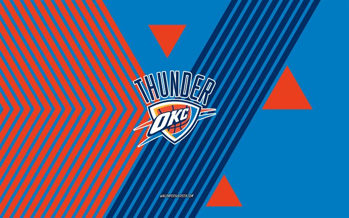 logotipo do oklahoma city thunder, 4k, time de basquete americano, fundo de linhas laranja azul, oklahoma city thunder, nba, eua, art, oklahoma city thunder emblema, basquetebol