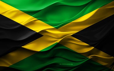 4k, bandeira da jamaica, países da américa do norte, bandeira da jamaica 3d, américa do norte, flag da jamaica, textura 3d, dia da jamaica, símbolos nacionais, 3d art, jamaica