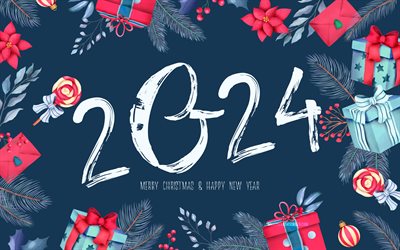 2024 새해 복 많이 받으세요, 4k, 흰색 서예 숫자, 2024 파란색 배경, 2024 개념, 2024 서예 숫자, 크리스마스 장식, 새해 복 많이 받으세요 2024, 창의적인, 2024 년, 메리 크리스마스