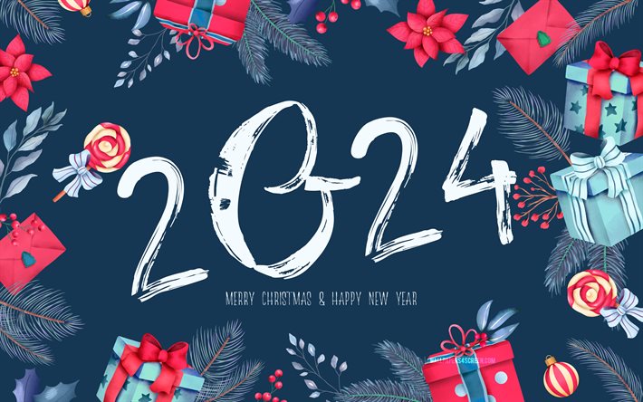 2024 gott nytt år, 4k, vita kalligrafiska siffror, 2024 blå bakgrund, 2024 koncept, 2024 kalligrafiska siffror, juldekorationer, gott nytt år 2024, kreativ, 2024 år, god jul