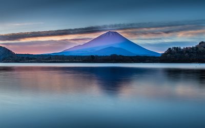 mountains, Mount Fuji, lake, Japan, sunset