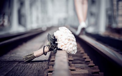 wedding bouquet, white roses, bridal bouquet, roses, bride, heels, rails