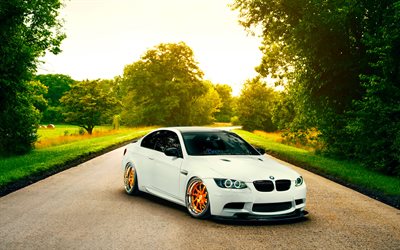 BMW M3, low rider, E92, golden wheels, tuning, white m3, BMW