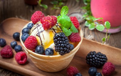 冰淇淋, 蓝莓, 复盆子, 黑莓, 浆果