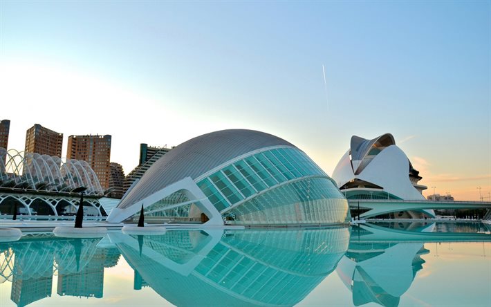 valencia, modern arkitektur, kvällsstad, spanien