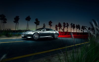 notte, 2016, Aston Martin DB9, supercar, coupé, argento aston martin