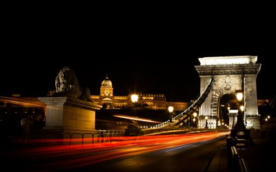 Budapest, noche, Puente de las cadenas, Hungría, Europa
