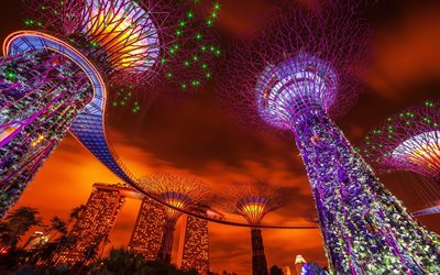 Singapour, la nuit, les Jardins de la Baie, l'architecture moderne, futuriste jardins