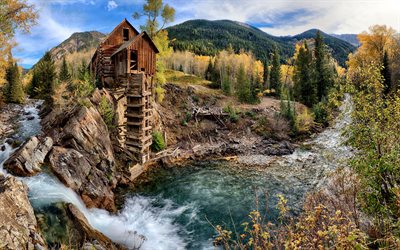 river, water mill, mountains, rocks, trees, forest