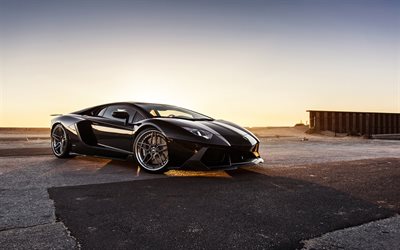 coucher de soleil, la Lamborghini Aventador LP 700-4, supercars, noir Aventador