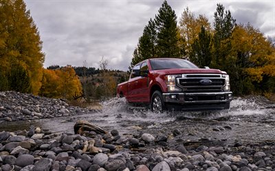 Ford F-250 Super Duty, front view, exterior, red F-250 2019, Ford F-Series, river driving, dark red Ford F-250, american cars, Ford