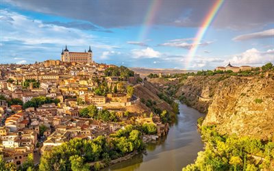 Toledo, evening, Alcazar of Toledo, rainbow, stone fortification, Toledo panorama, Toledo cityscape, Spain