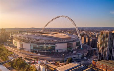 वेम्बली स्टेडियम, हवाई दृश्य, शाम, सूर्यास्त, लंडन, फुटबॉल क्रीडांगन, लंदन शहर का दृश्य, लंदन पैनोरमा, यूके, इंग्लैंड की राष्ट्रीय फ़ुटबॉल टीम