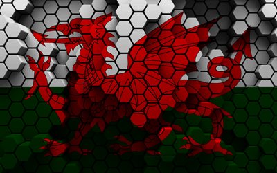 4k, Flag of Wales, 3d hexagon background, Wales 3d flag, Day of Wales, 3d hexagon texture, Wales national symbols, Wales, 3d Wales flag, European countries