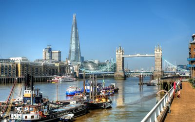london, kväll, the shard, tower bridge, thames, london stadsbild, flod, moderna byggnader, london skyskrapor, england, storbritannien