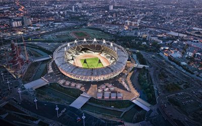 4k, London Stadium, night, aerial view, Olympic Stadium, Queen Elizabeth Olympic Park, West Ham United Stadium, Premier League, London panorama, West Ham United, England
