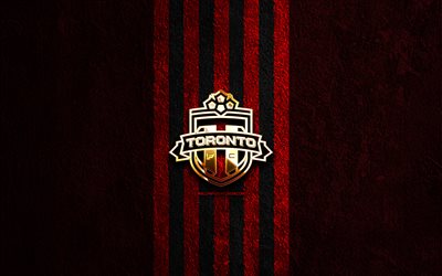 toronto fc gyllene logotyp, 4k, röd sten bakgrund, mls, kanadensisk fotbollsklubb, toronto fc logotyp, fotboll, toronto fc, fc toronto