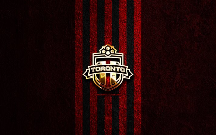 toronto fc logo dorato, 4k, pietra rossa sullo sfondo, mls, squadra di calcio canadese, logo toronto fc, calcio, toronto fc, fc toronto