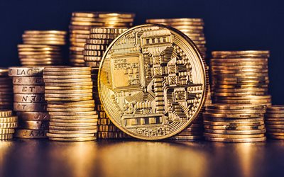 cryptocurrency, 4k, gold coins, finance concepts, business, stacks of gold coins, cryptocurrency concepts, electronic money, cryptocurrency signs