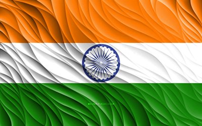 4k, indisk flagga, vågiga 3d-flaggor, asiatiska länder, indiens flagga, indiens dag, 3d-vågor, asien, indiska nationella symboler, indien