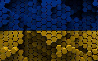 4k, bandiera dell ucraina, sfondo esagono 3d, bandiera 3d dell ucraina, giorno dell ucraina, struttura esagonale 3d, bandiera ucraina, simboli nazionali ucraini, ucraina, paesi europei
