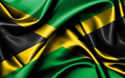 jamaicas flagga, 4k, nordamerikanska länder, tygflaggor, jamaicas dag, vågiga sidenflaggor, nordamerika, jamaicas nationella symboler, jamaica