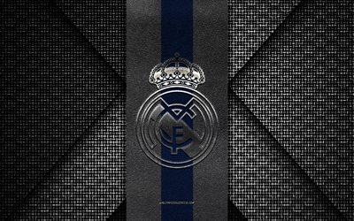 real madrid, la liga, textura tejida azul blanca, logotipo del real madrid, club de fútbol español, emblema del real madrid, fútbol, madrid, españa
