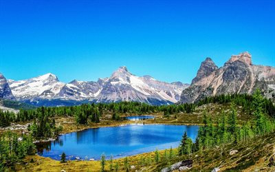 Yoho National Park, cielo azul, lagos, verano, montaña, Columbia Británica, Canadá
