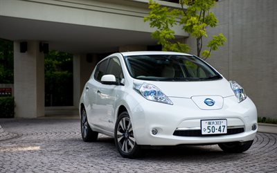 nissan leaf, 4k, coches eléctricos, 2015 coches, jp-spec, blanco nissan leaf, 2015 nissan leaf, los coches japoneses, nissan