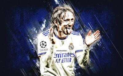 Luka Modric, Real Madrid, Croatian football player, midfielder, blue stone background, Spain, La Liga