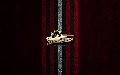 Cleveland Monsters golden logo, 4k, red stone background, AHL, american hockey team, Cleveland Monsters logo, hockey, Cleveland Monsters