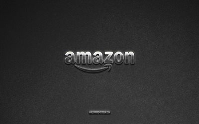 amazon-logo, harmaa kivitausta, amazon-tunnus, teknologialogot, amazon, valmistajien merkit, amazonin metallilogo, kivirakenne