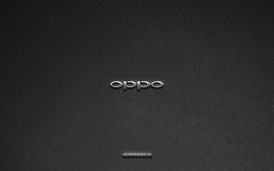 Oppo logo, gray stone background, Oppo emblem, technology logos, Oppo, manufacturers brands, Oppo metal logo, stone texture