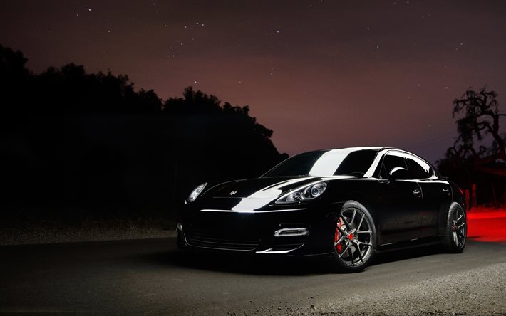 La Porsche Panamera, 5k, la nuit, Vorsteiner, black panamera