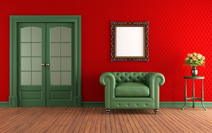 punainen huone, tuoli, kuva, sisustus