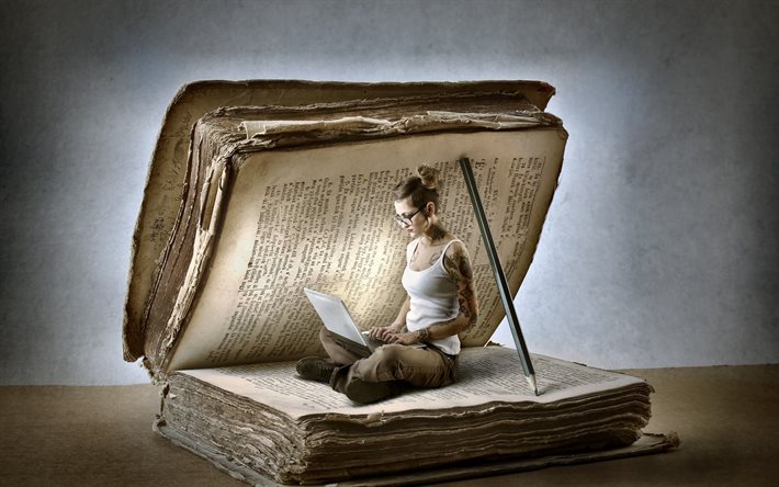فتاة, الكمبيوتر المحمول, كتاب دورية, كتاب مفتوح