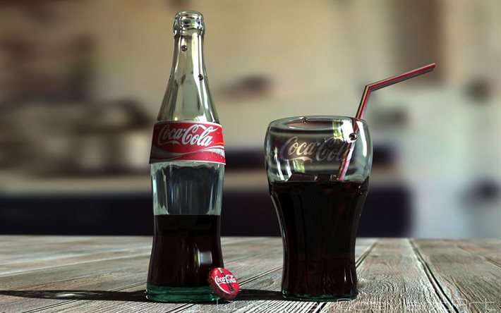 pullo, pöytä, lasi, coca-cola