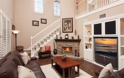 sofa, fireplace, coffee table, tv, design living room