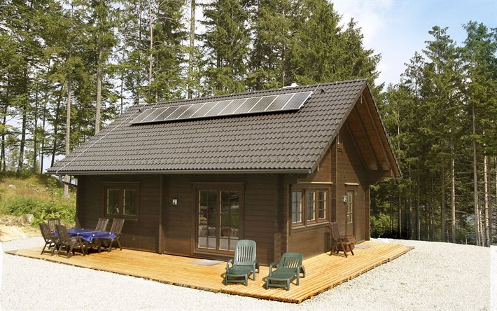 cottage, forest, solar panels